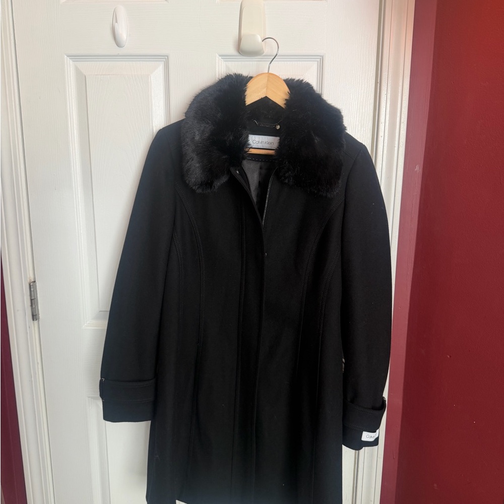 Calvin Klein Black Pea Coat with Fur Collar